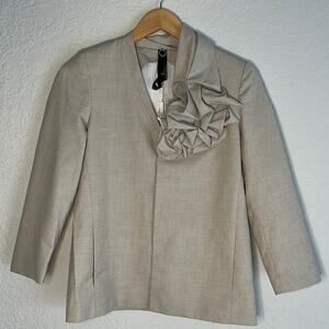 NEW Poleci Tan Blazer Embellished Front Collar Snap Close Minimalist Twee Preppy